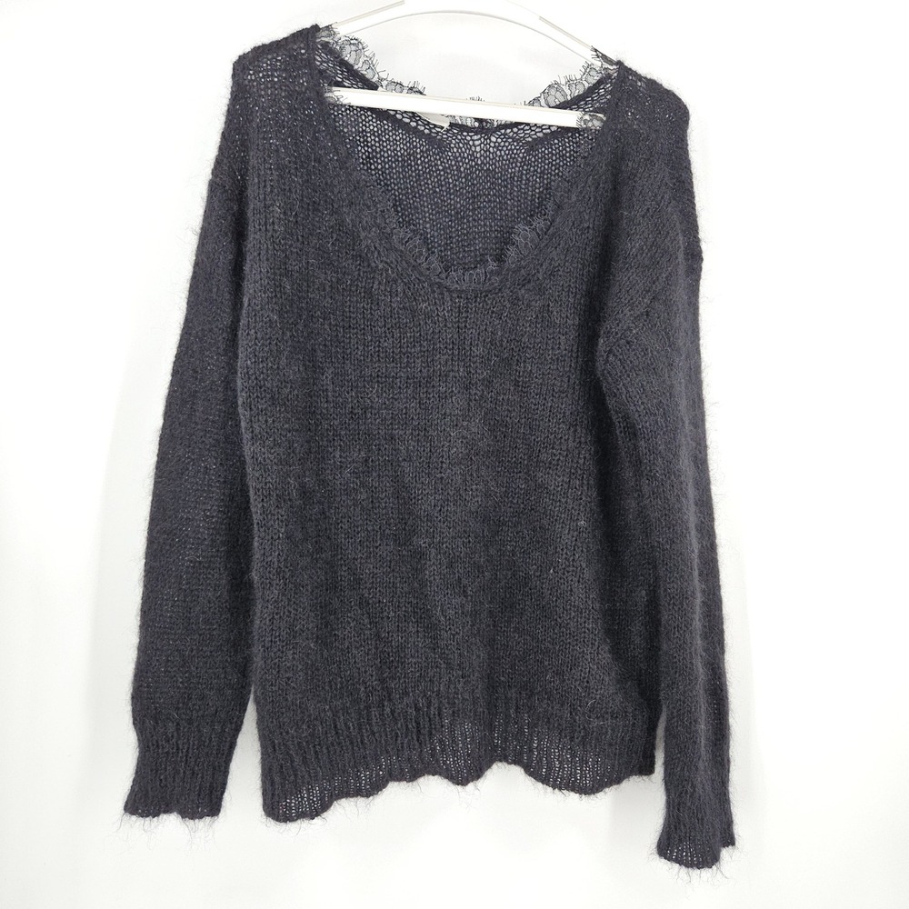 Liviana Conti Mohair Wool Sweater Black Lace Trim Lightweight Fuzzy Knit Size M